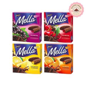 Jutrzenka MELLA Chocolate-Covered Jelly Variety Pack – 4 x 6.7 oz (Orange, Lemon, Cherry & Blackcurrant) – Product of Poland